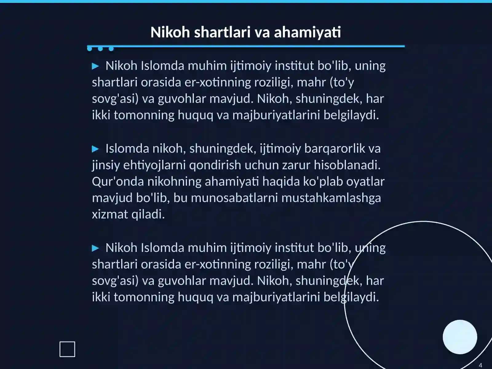 Islom huquqshunosligida oila, nikoh, taloq, idda, zihor tushunchalarini ta'riflash 4