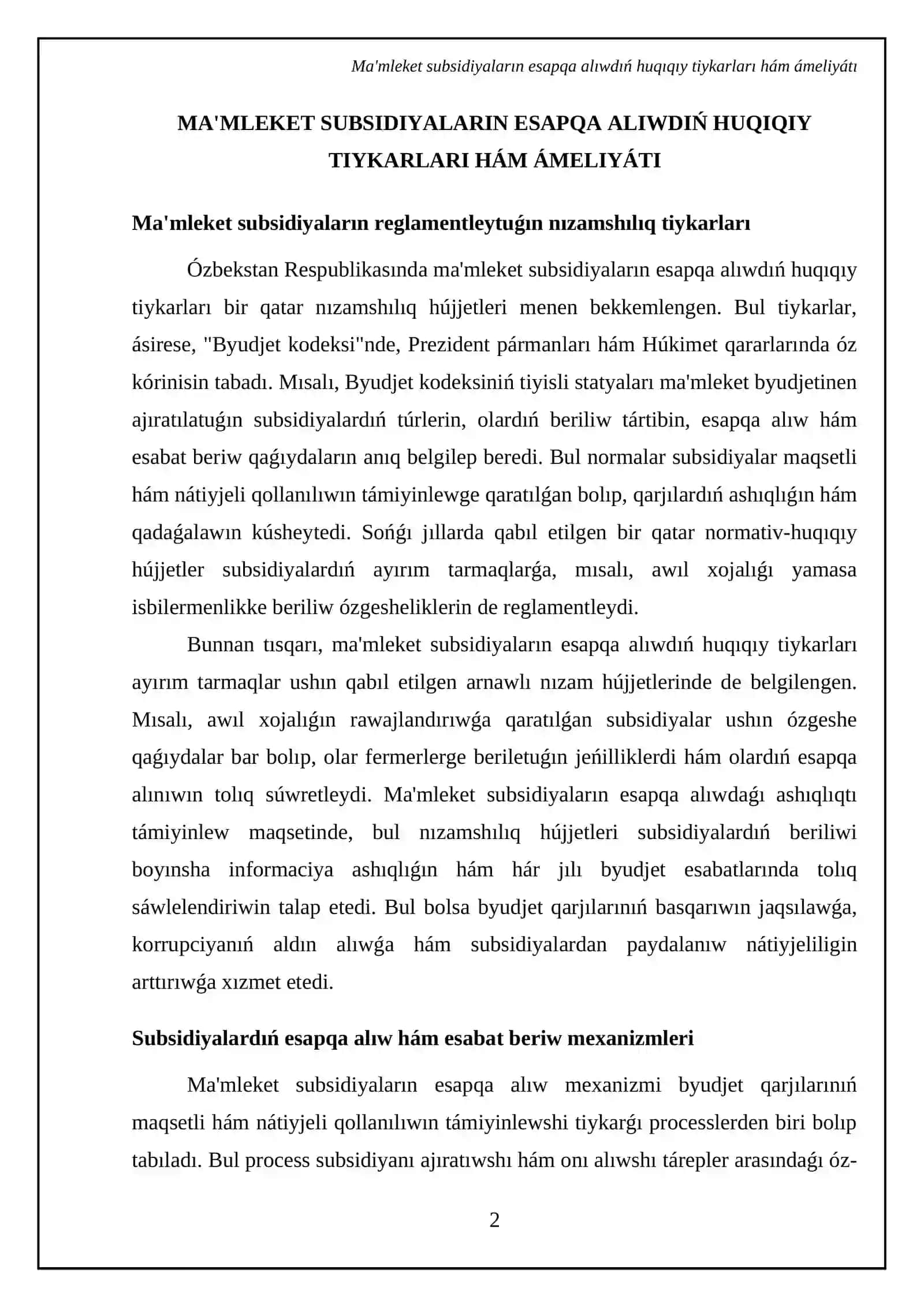 Ma'mleket subsidiyalar esabi ha'm ma'mleket ja'rdeminin' jaratiliwi 4