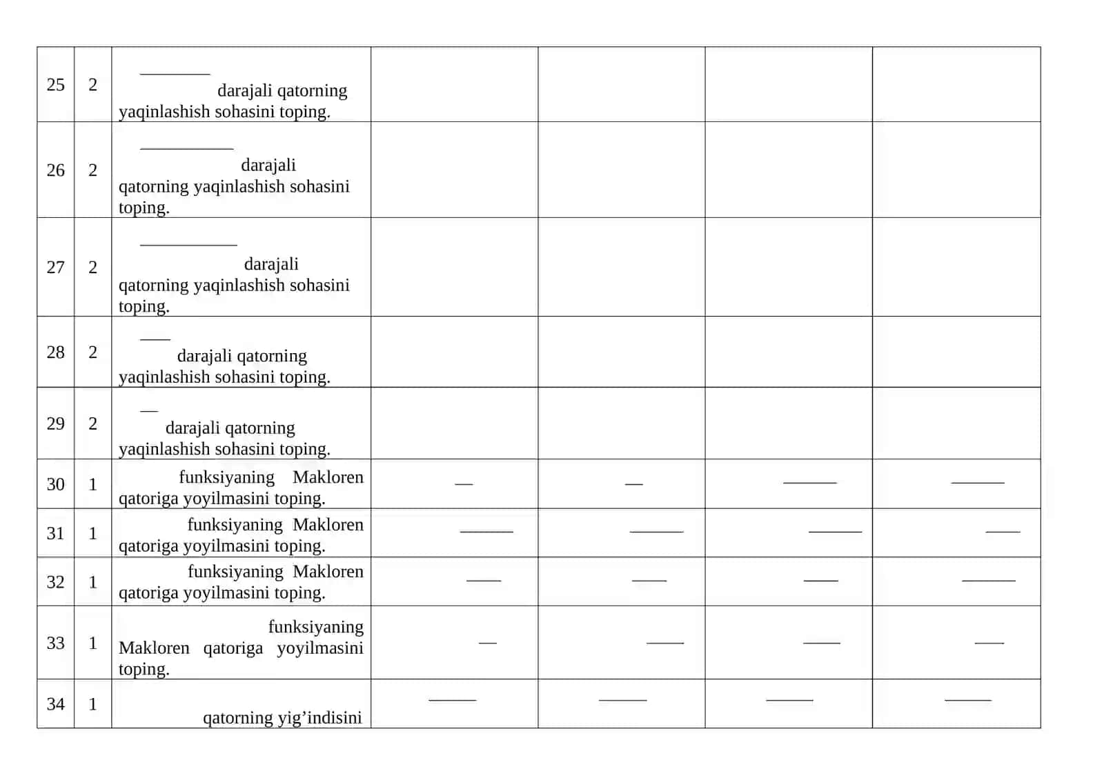 Oliy matematika kafedrasining Calсulus (matematika) fanidan test savollari (1-kurs) 4