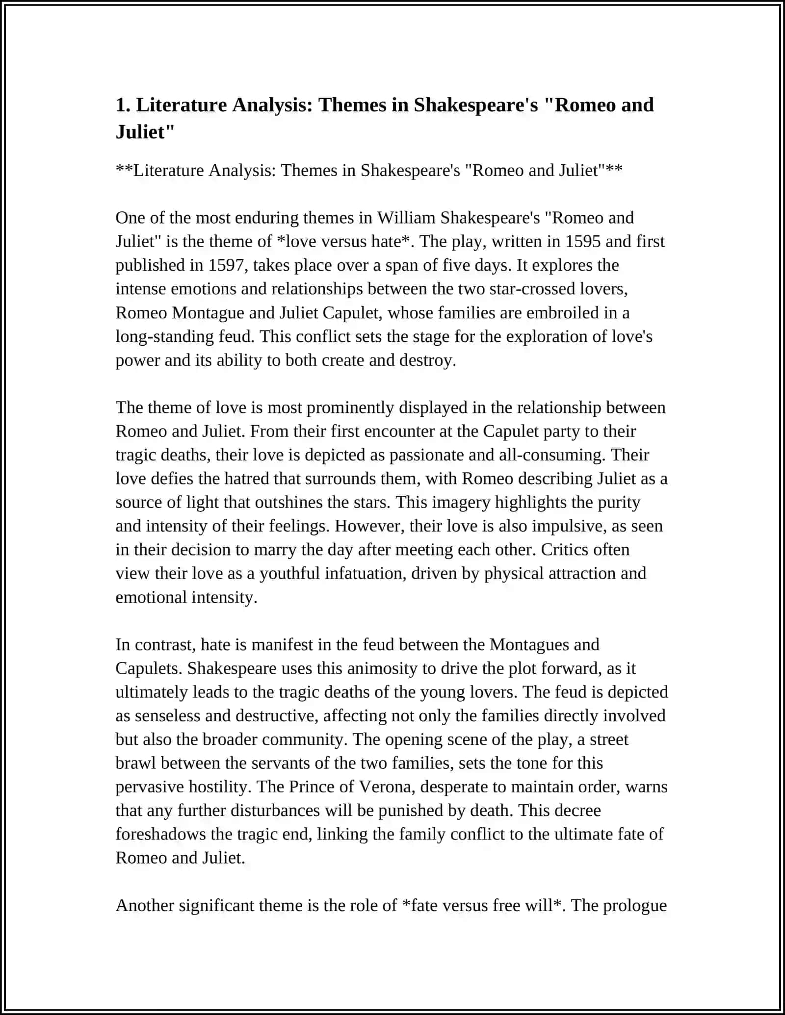 Literature Analysis: Themes in Shakespeare's "Romeo and Juliet" 4