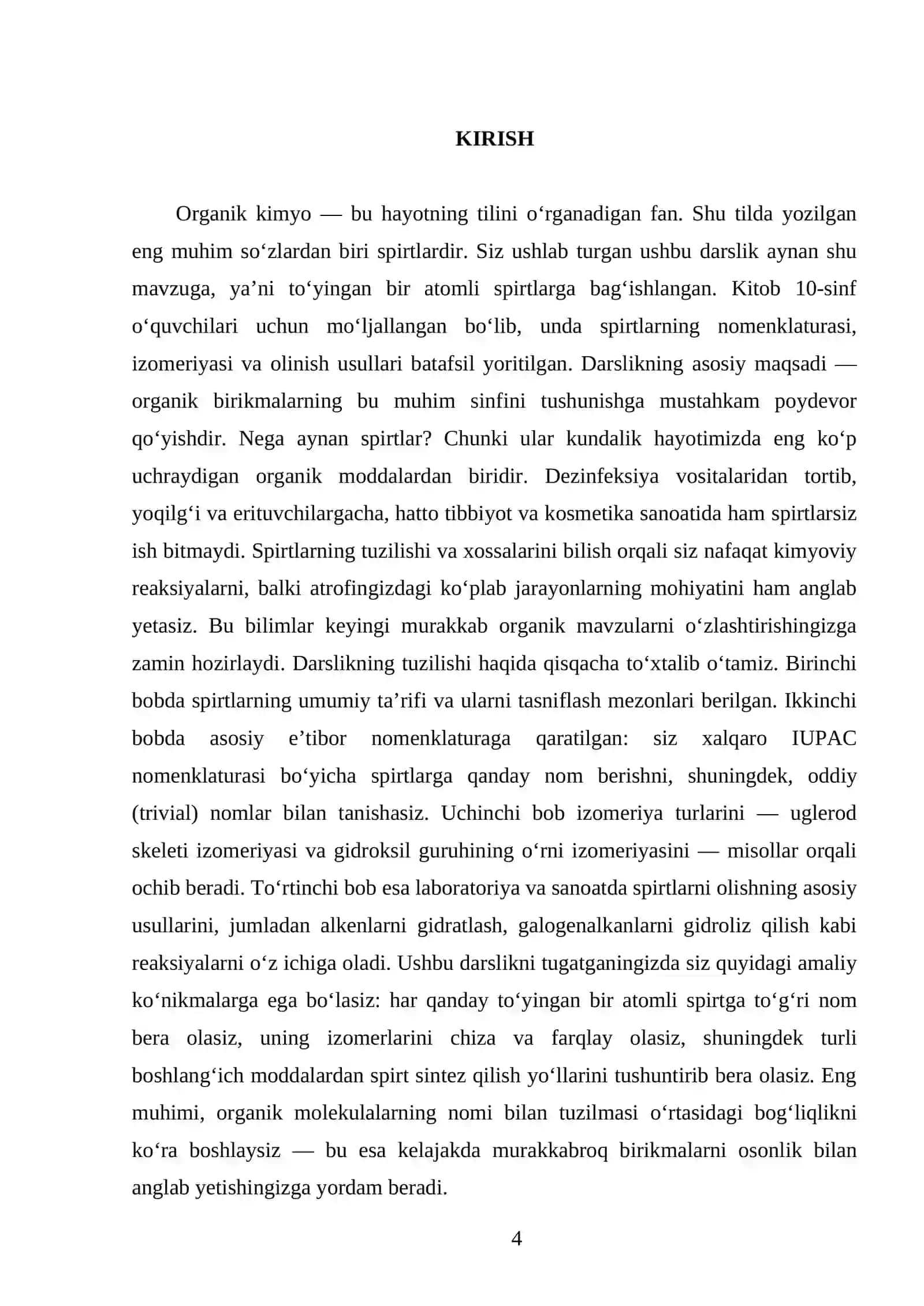 SPIRTLAR. TO’YINGAN BIR ATOMLI SPIRTLARNING NOMENKLATURASI, IZOMERIYASI VA OLINISHI. 10 - SINF 4