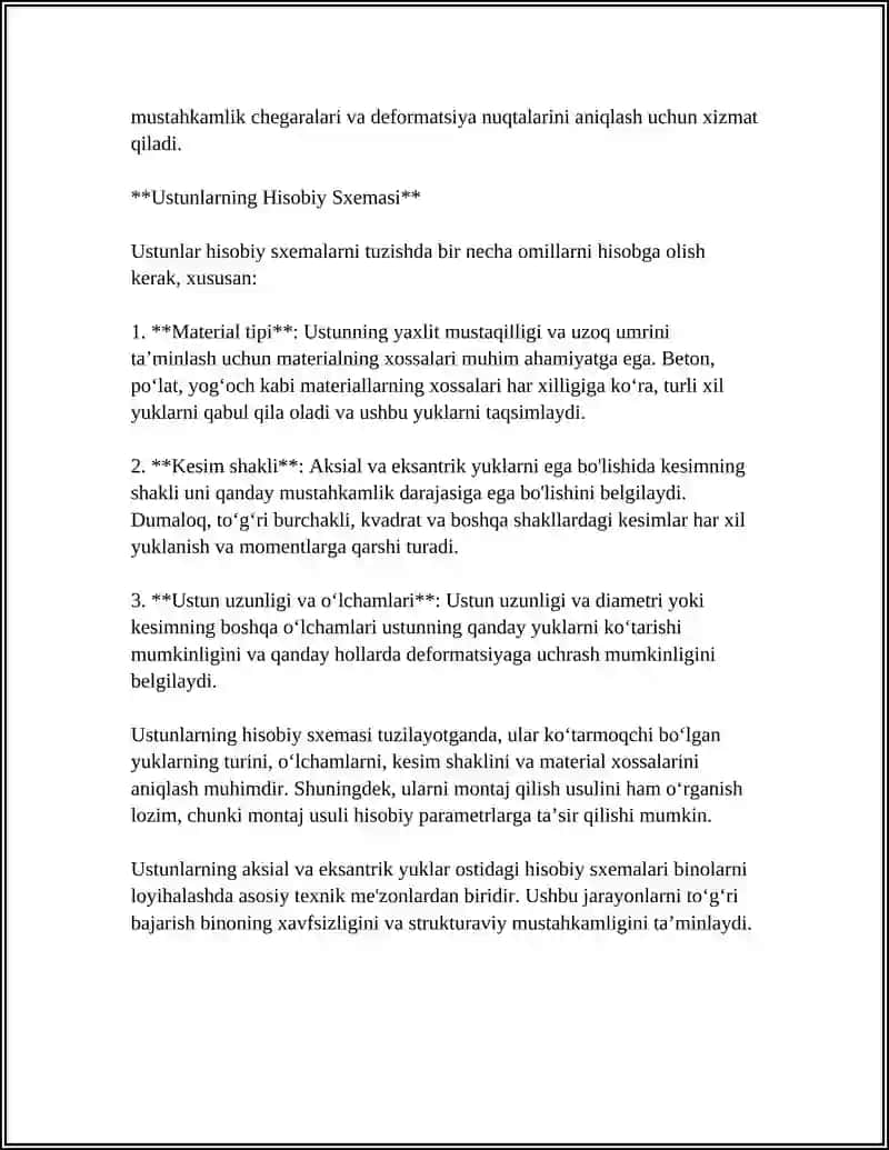 Ustunlarning Hisobiy Sxemasi: Aksial va Eksantrik Yuklamalar 4