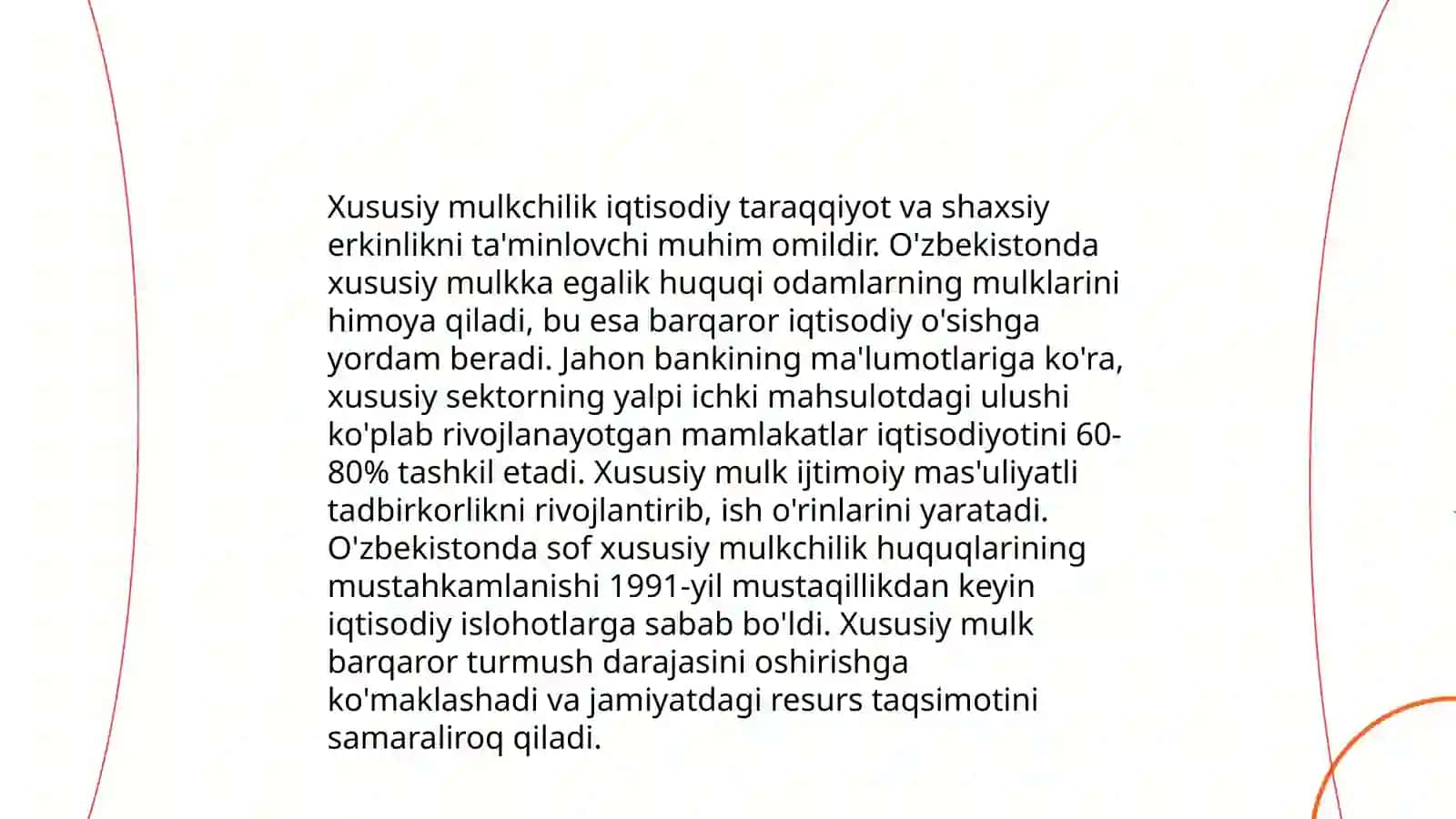Iqtisodiy islohotlar, xususiy mulkchilikning shakllanishi. O‘zbekistonda bozor munosabatlarining rivojlanishi 4