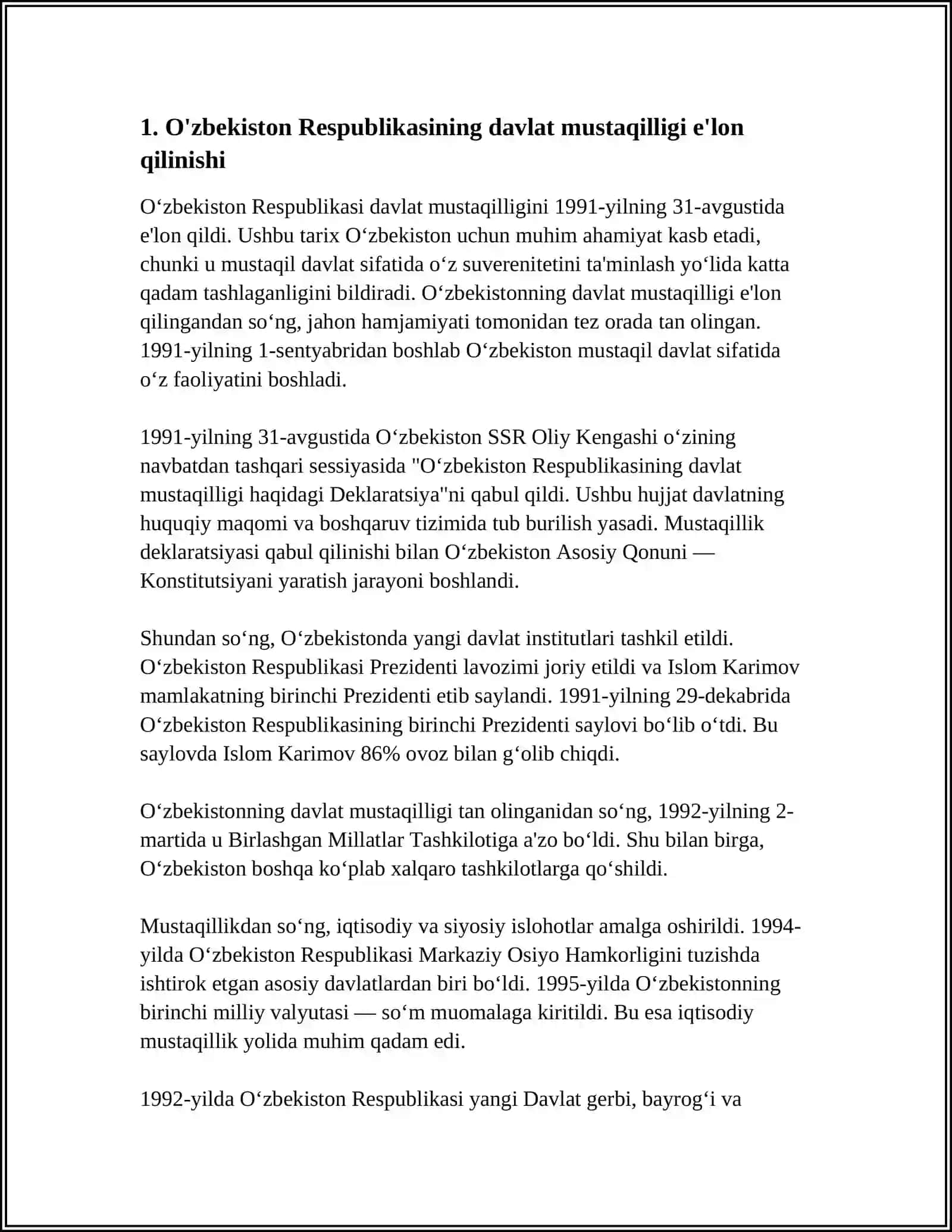 MUSTAQIL ISH Mavzu: O‘ZBEKISTON RESPUBLIKASI KONSTITUTSIYASINING QABUL QILINISH TARIXI (1991-2023YY.) 4