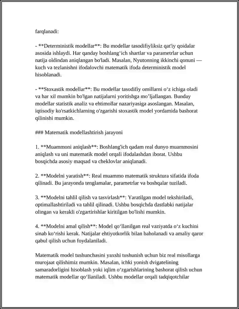 MUSTAQIL ISH Mavzu: MATEMATIK MODELLASHTIRISH, SONLI TAHLIL USULLARINI AMALGA OSHIRISH. HISOBLI EKSPERIMENT. 4