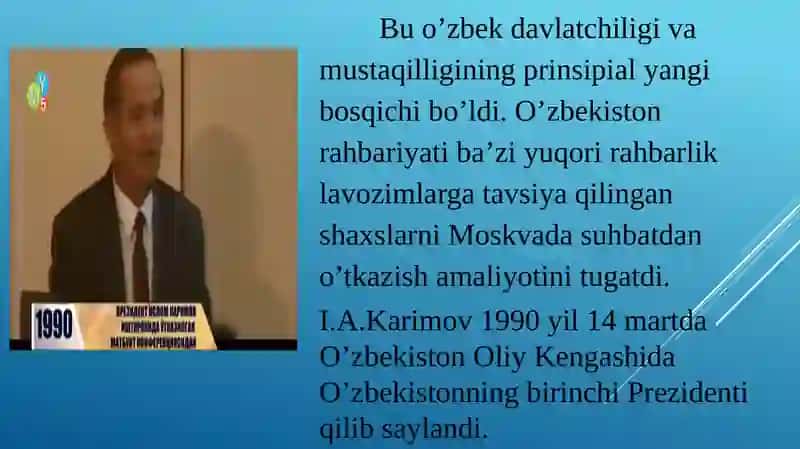 O’zbekiston dadavlat mustaqilligining qo’lga kiritilishi. 4
