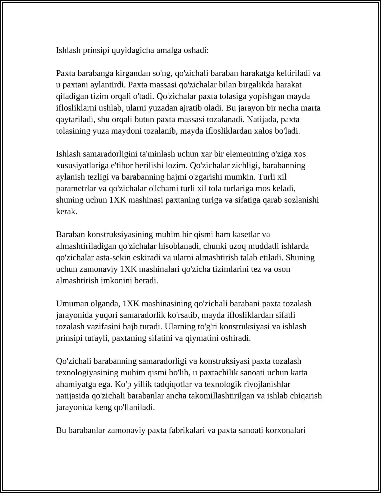 PAXTANI MAYDA IFLOSLIKLARDAN TOZALASHDA 1XK MASHINASINING QOZICHALI BARABANI TAXLILI MAVZUSI 4