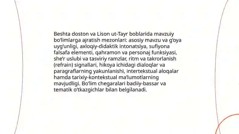 Alesher navoying 5ta dostoni xamda lison Ut tayr dostoni boblar buyicha tasnifi 4