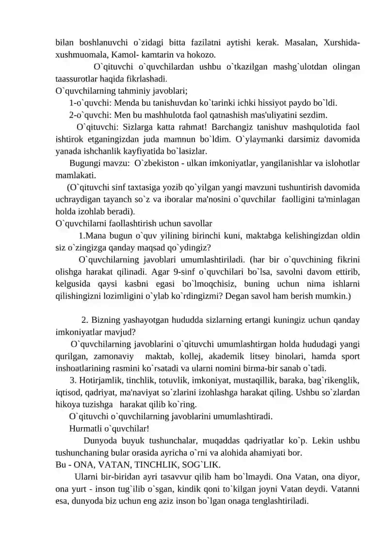 Yagonasan mustaqil Vatanim, sevgi va sadoqatim senga baxshida go’zal O’zbekistonim!  Dars ishlanma 4