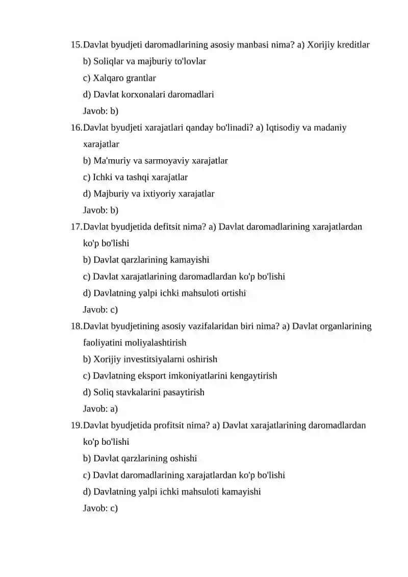 Uy xo'jaligi moliyasi test 4
