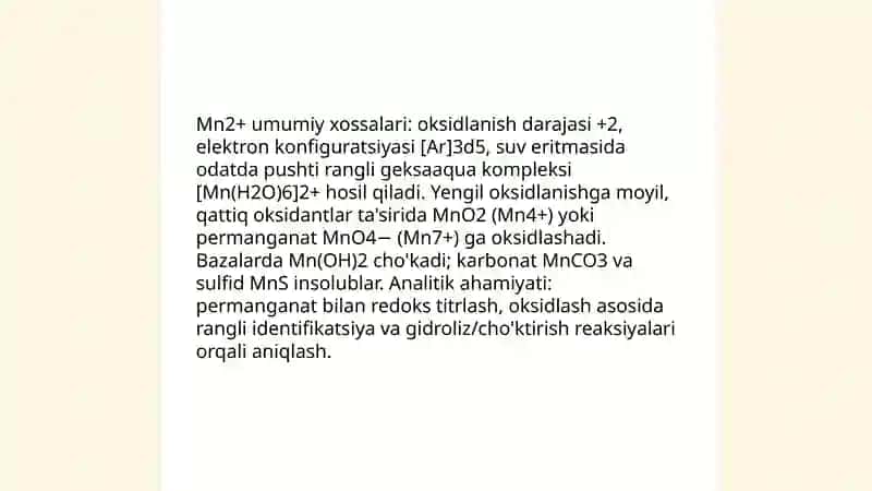 Mn+2, Hg+2 kationlarini tizimli tahlil chizmasini tuzish va analitik reaksiyalari 4