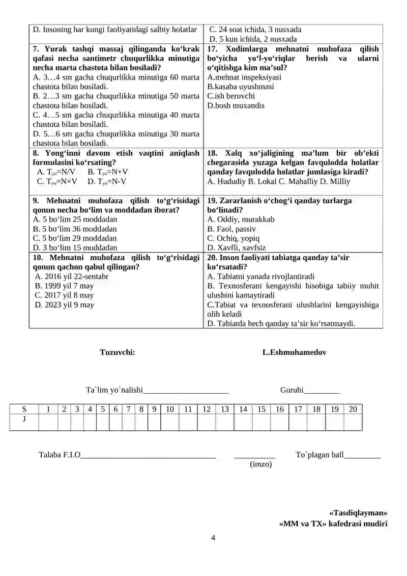 "Hayot faoliyat xavfsizligi" fanidan yakuniy nazorat test savollari 4