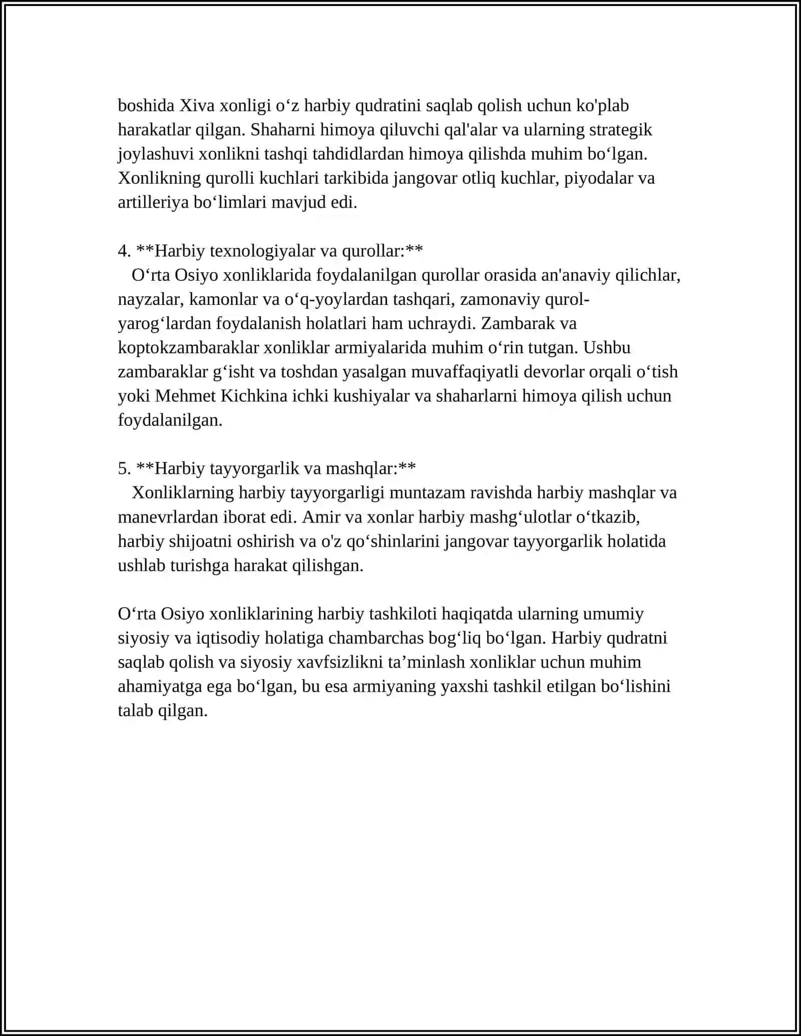 OʻRTA OSIYO XONLIKLARIDA HARBIY ISHLAR TARIXI.XONLIKLARINING TASHQI IQTISODIY VA SIYOSIY DIPLOMATIK ALOQALARI.QORAQALPOQLAR 4