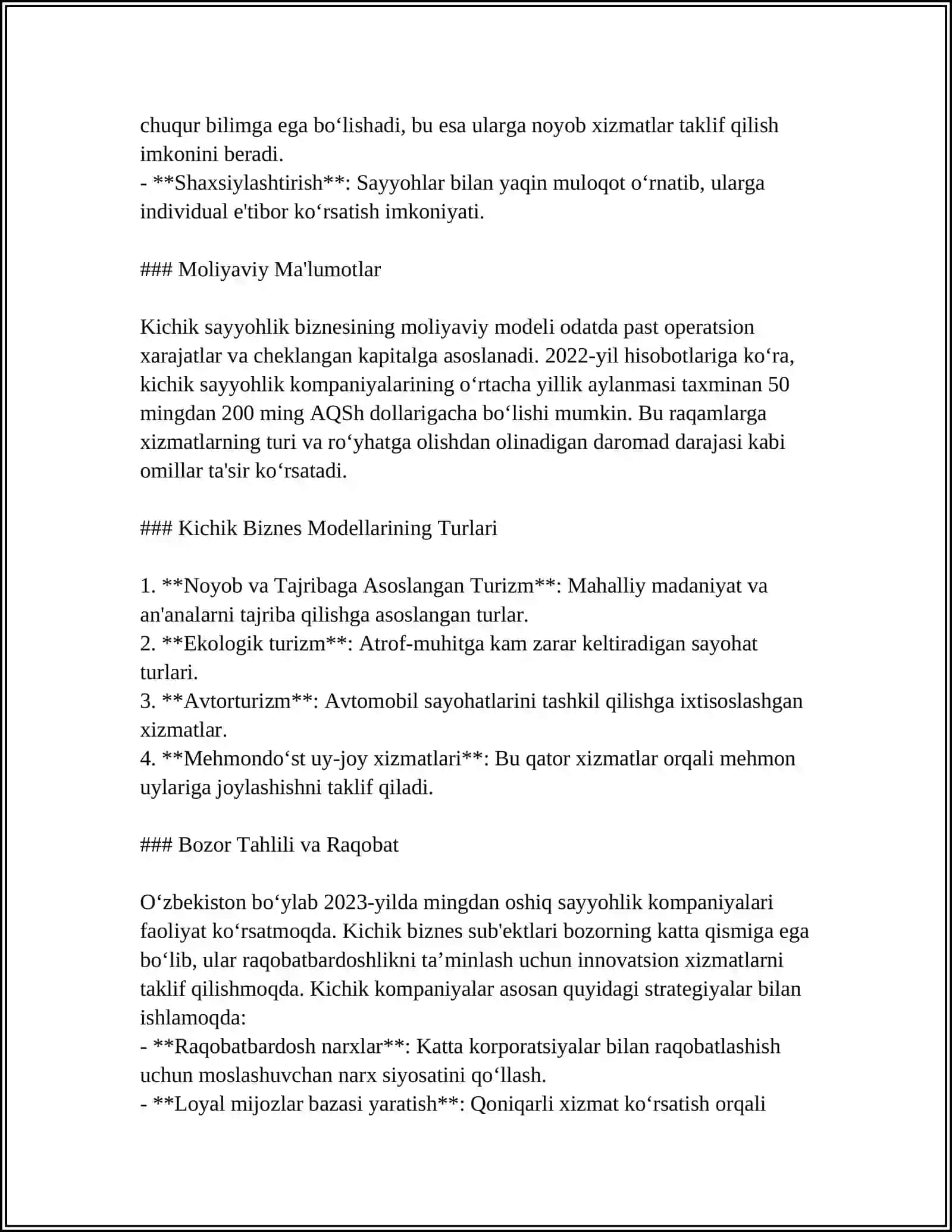Kichik sayyohlik biznesi modeli 4