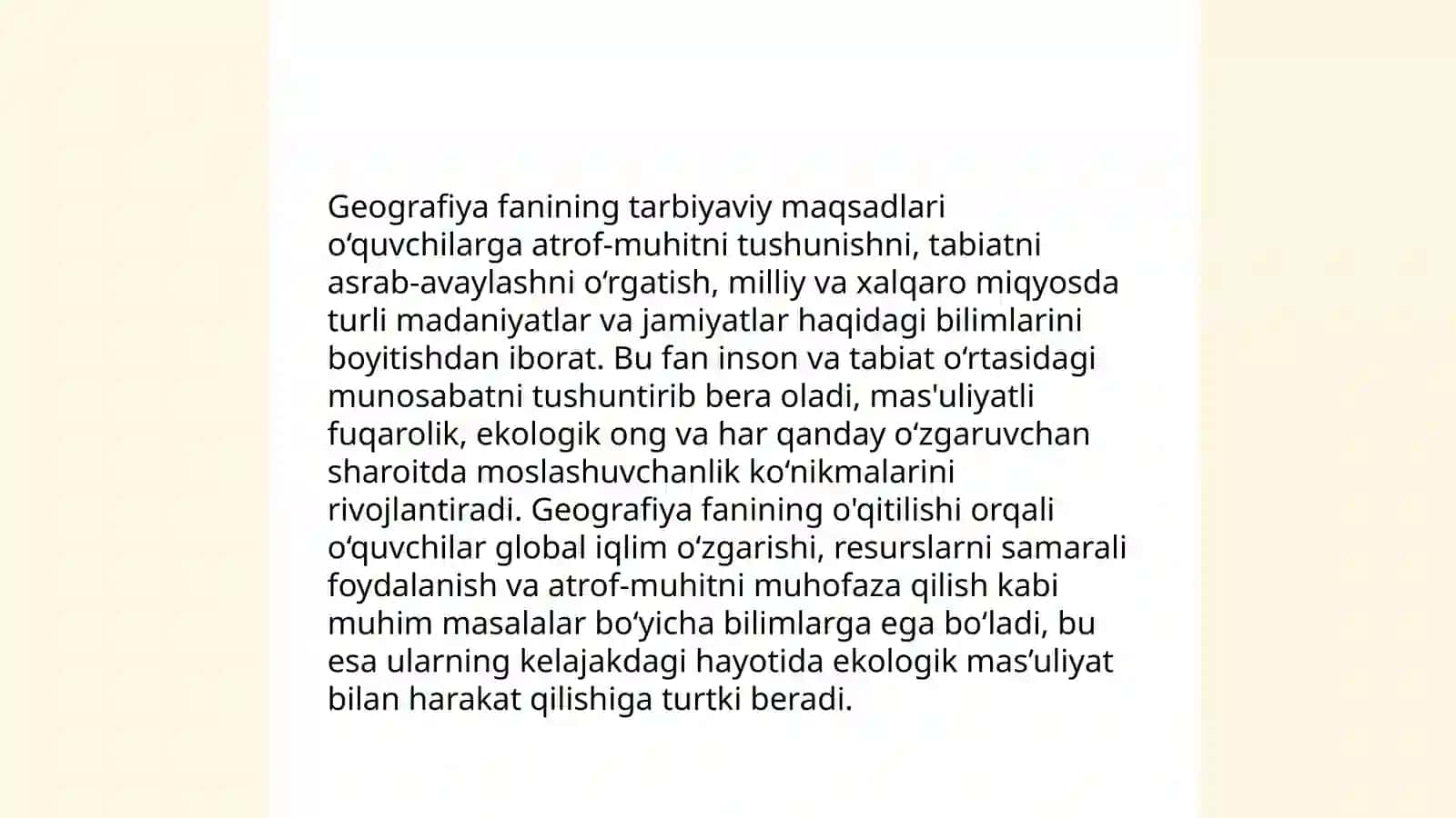 Geografiya fani oʻqitishning taʼlimiy,tarbiyaviy va rivojlantiruvchi maqsadlari by Rajabova Zulfiya 4
