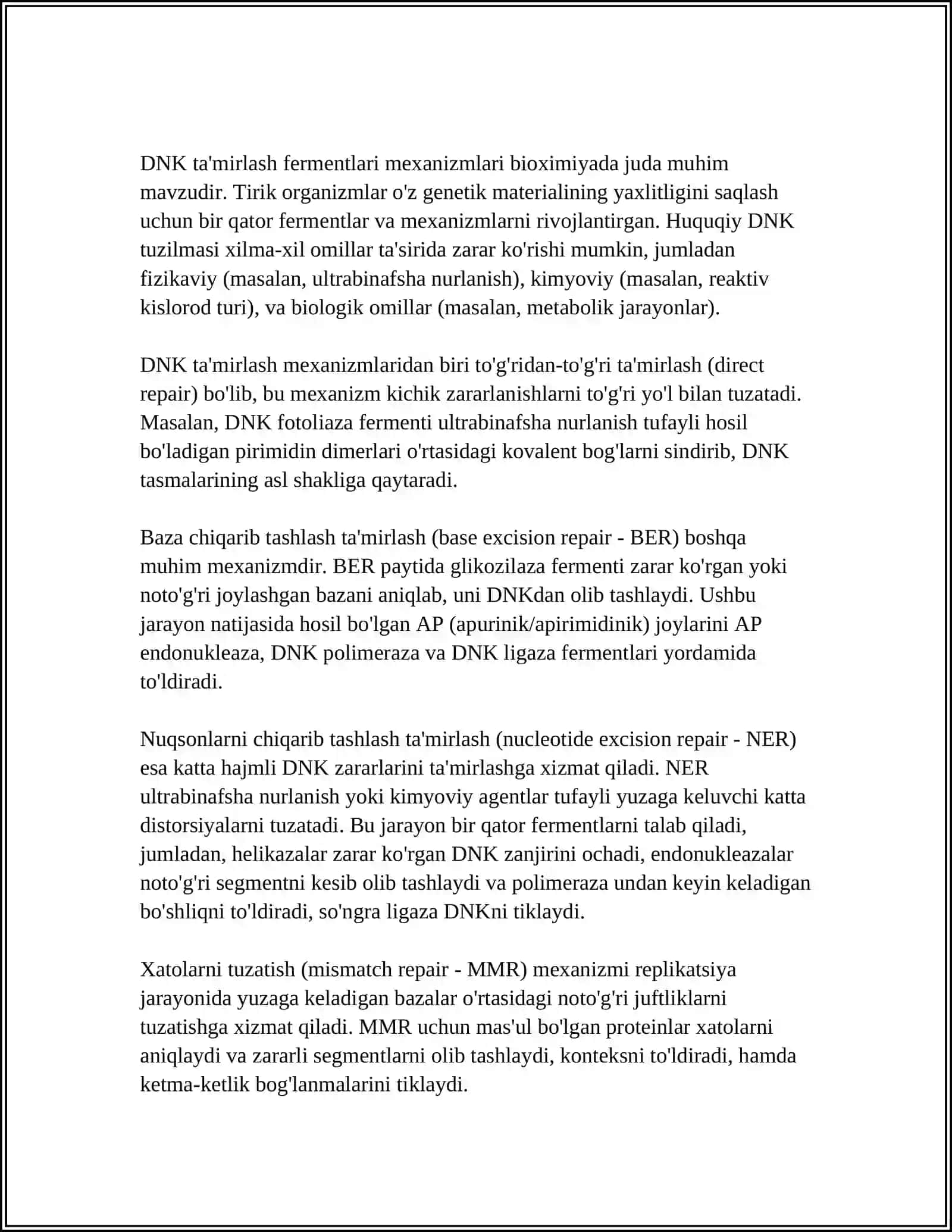 REPARATSIYA FERMETLARI FAOLIYATINING XILMA XILLIGI. NOALLEL GENLARNING O'ZORO TA'SI.PLEYOTROPIYA 4
