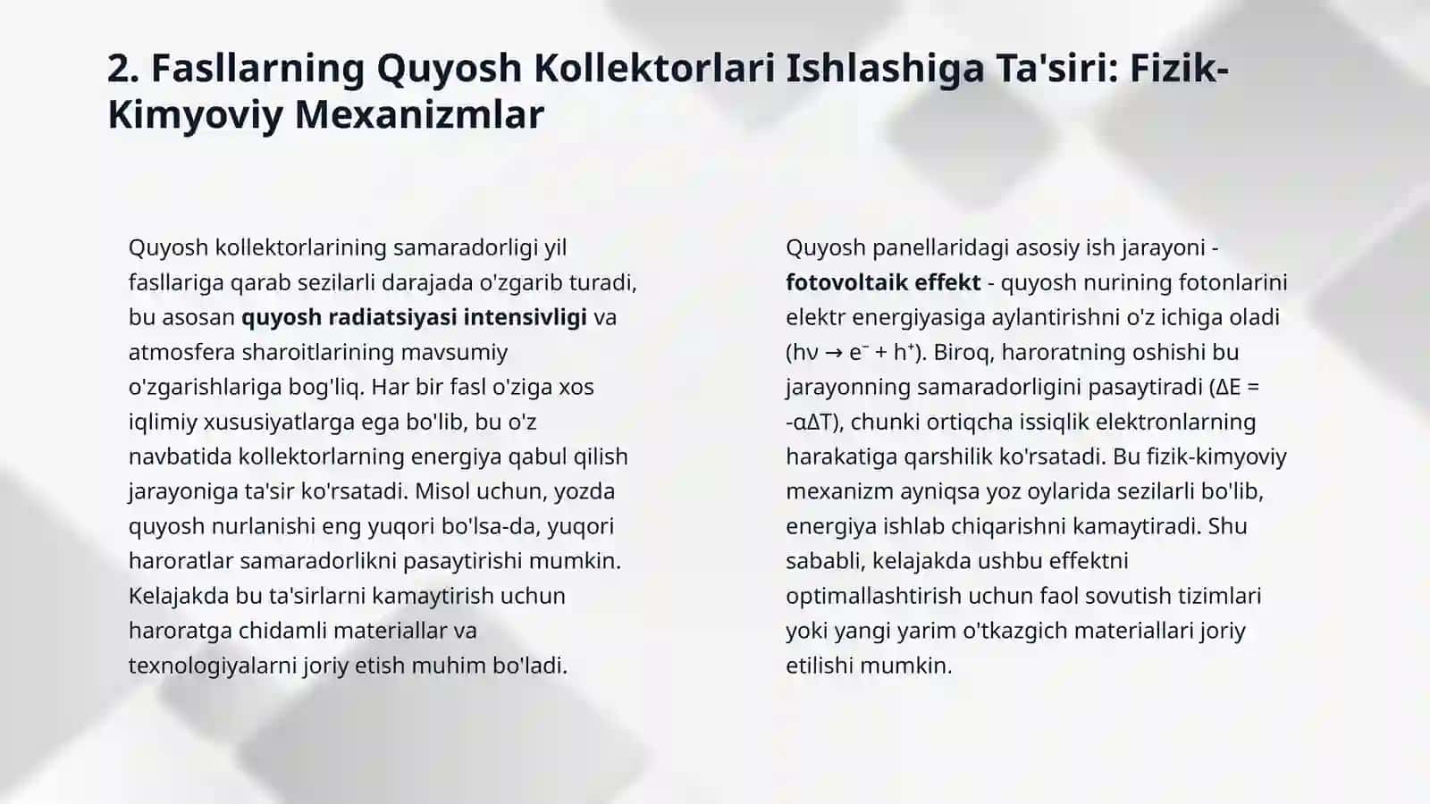 Quyosh kollektorlari samaradorligining yil fasllariga ko‘ra statistik taqsimoti. 4