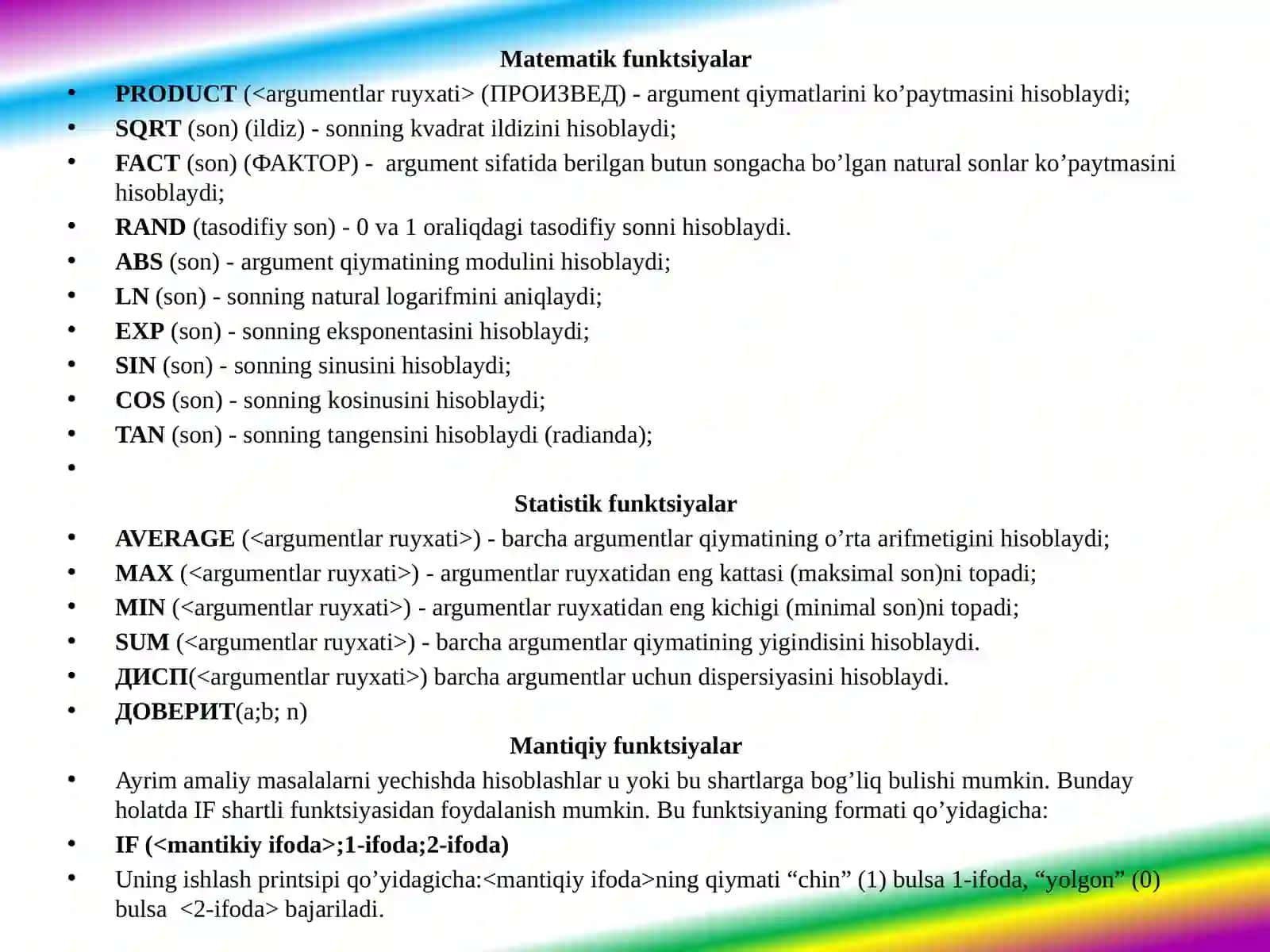 MS Excel elektron jadval yordamida misollar yechish 4