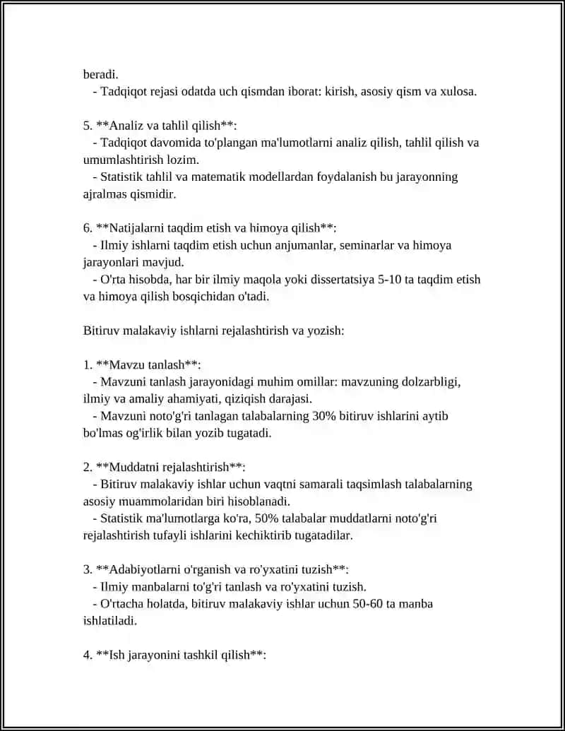 TALABALARNING O‘QUV, ILMIY-TADQIQOT, BITIRUV MALAKAVIY ISHLARINI BAJARISH BILAN BOG‘LIQ BO‘LGAN FANLAR BO‘LIMLARINVA MAVZULARNI CHUQUR O‘RGANISH 4