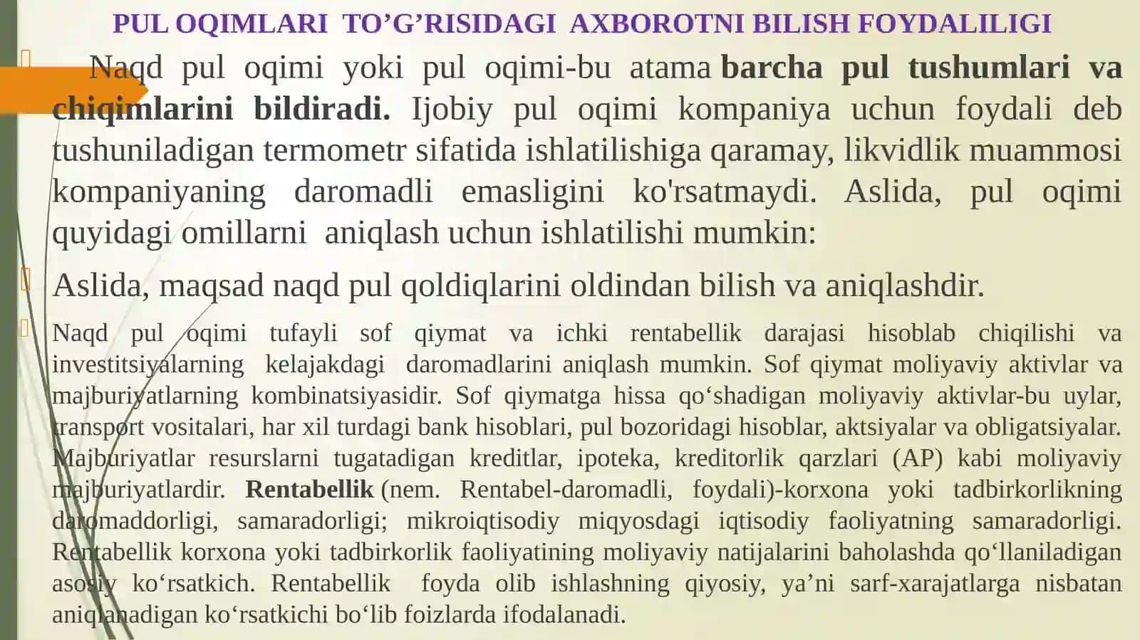 Buxgalteriya hisobining milliy standartlari asosida yuritish FANIDAN 9-sonli BHMS PUL OQIMI TO‘G’RISIDAGI HISOBOT10-sonli BHMS DAVLAT SUBSIDIYALARINING HISOBI VA DAVLAT YORDAMI BO‘YICHA KO‘RSATILADIGAN MA’LUMOTLAR SIDAGI MASHG’ULOTIGA TAQDIMOT MATERIALLARI 4