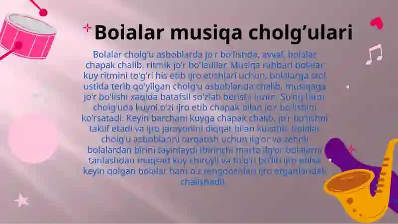 Bolalarni musiqa mashg’ulotida musiqa asboblari bilan tanishtirish va o’rgatish 4