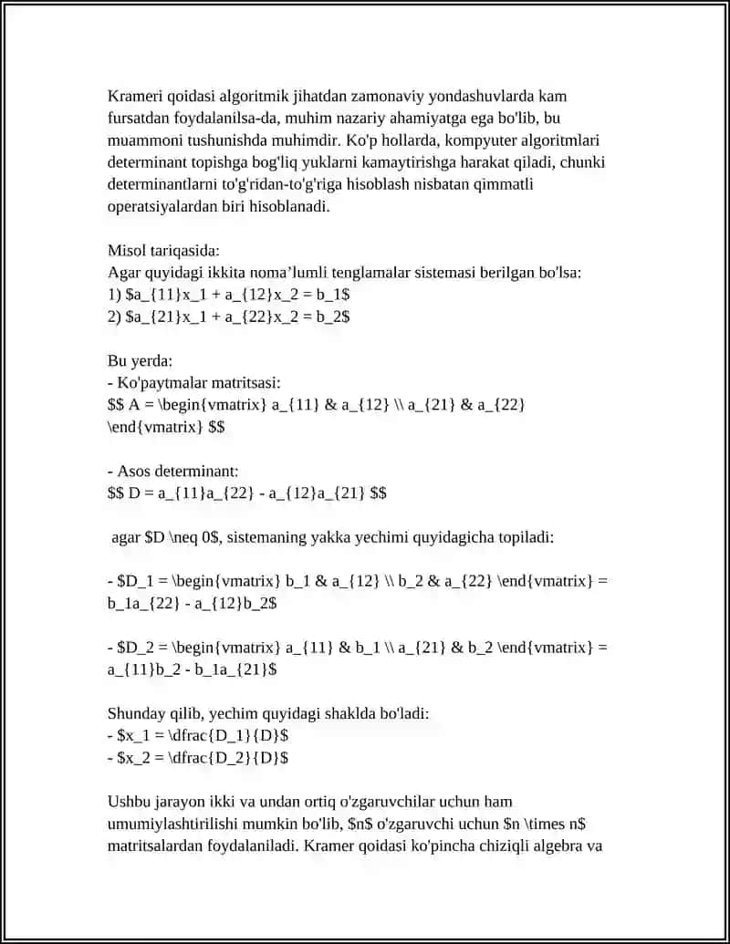 DETERMINANTLARNING CHIZIQLI TENGLAMALAR SISTEMALARINI YECHISHDA QO'LLANILISHI 4