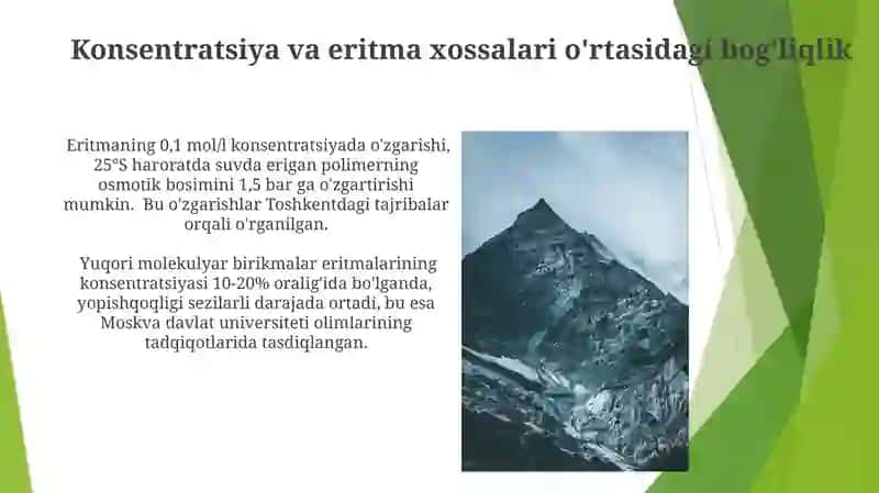 Yuqori molekulyar birikmalar eritmalarning xossalari 4