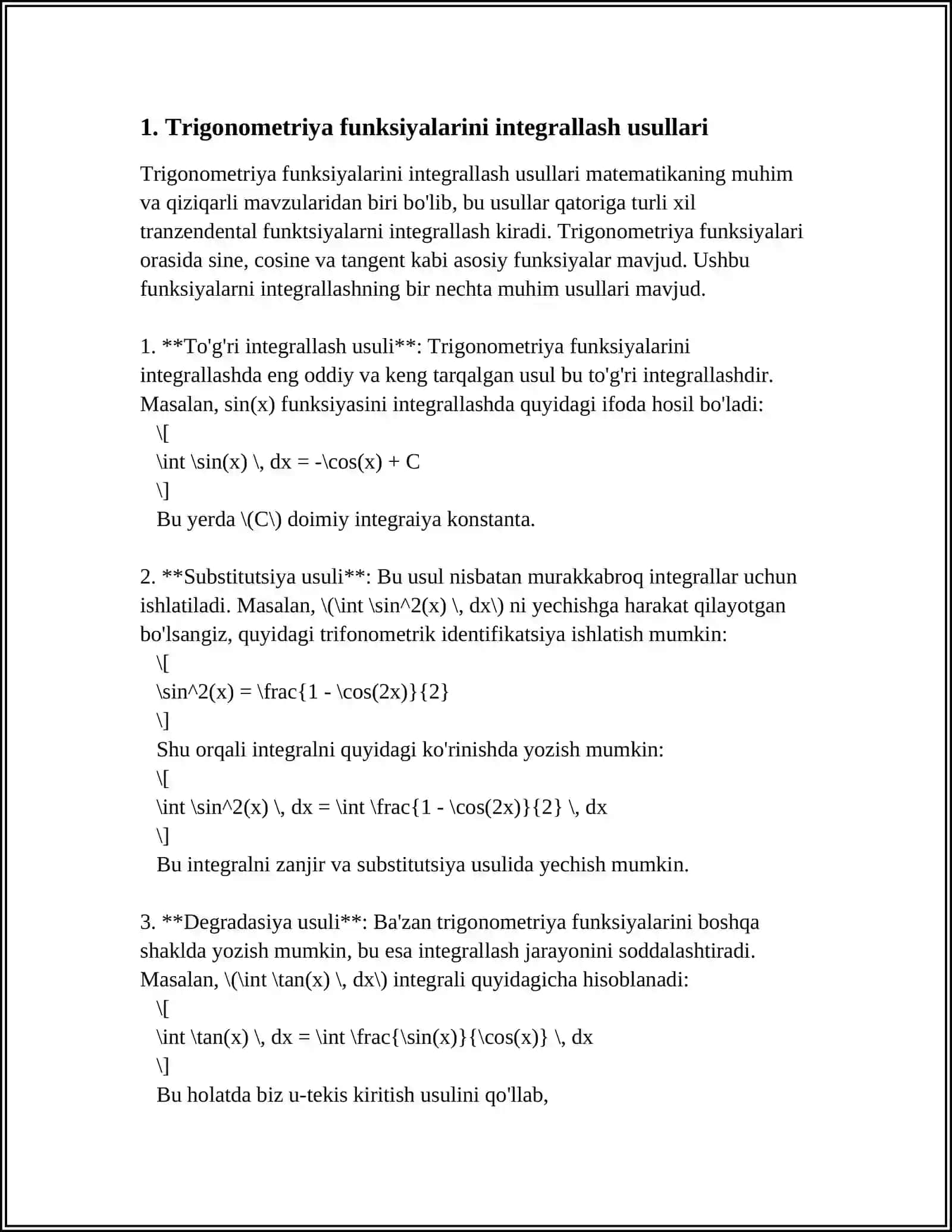 TRIGONOMETRIK VA BA'ZI IRRATSIONAL FUNKSIYALARNI INTEGRALLASH 4