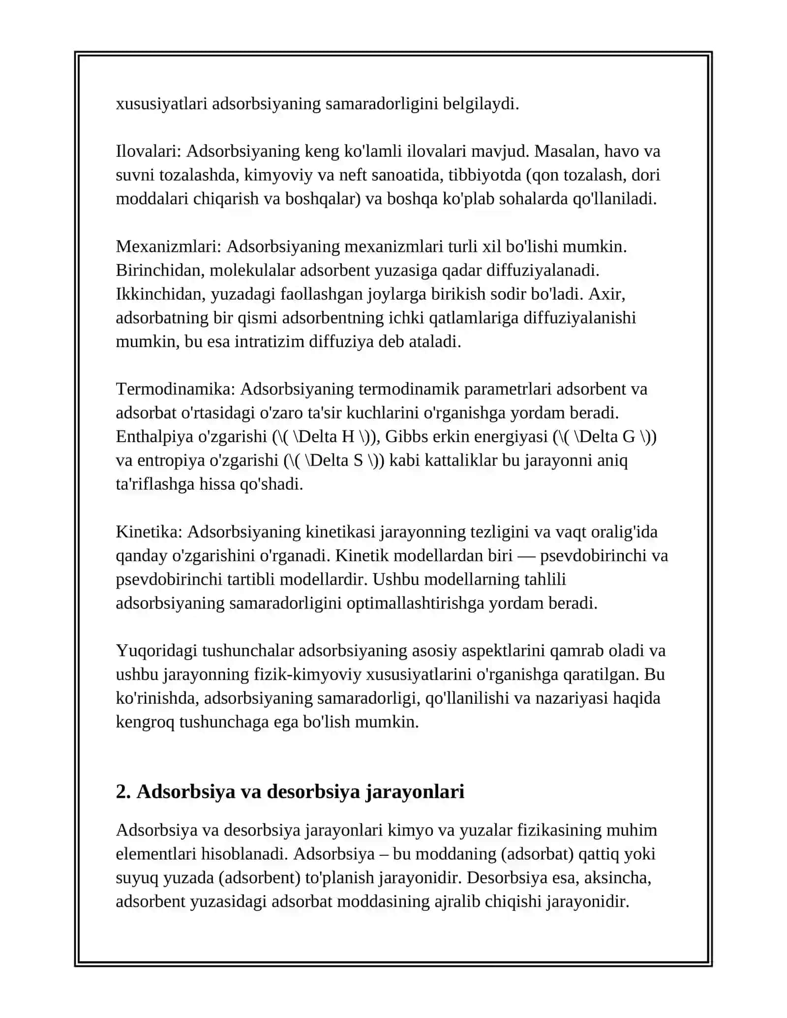 ADSORBSIYA.ADDRSORBSIYA USULIDA MODDALARNING ADSORBENT SIRTIDA YUTILISH DARAJALARINI OʻRGANISH.KIMYOVIY REAKSIYALARNING TEZLIGIGA TAʼSIR ETUVCHI OMILLAR 4