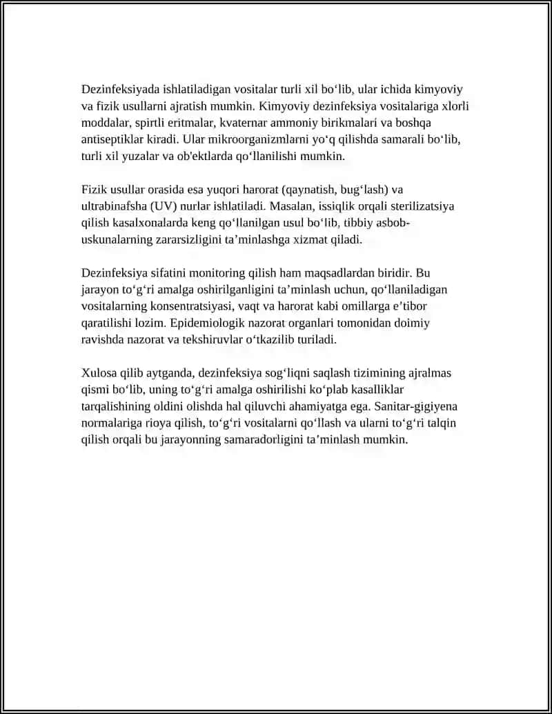 DEZINFEKSIYA TASNIFI. DEZINFEKSIYA TURLARI. ASBOB VA ANJOMLAR DEZINFEKSIYASI 4