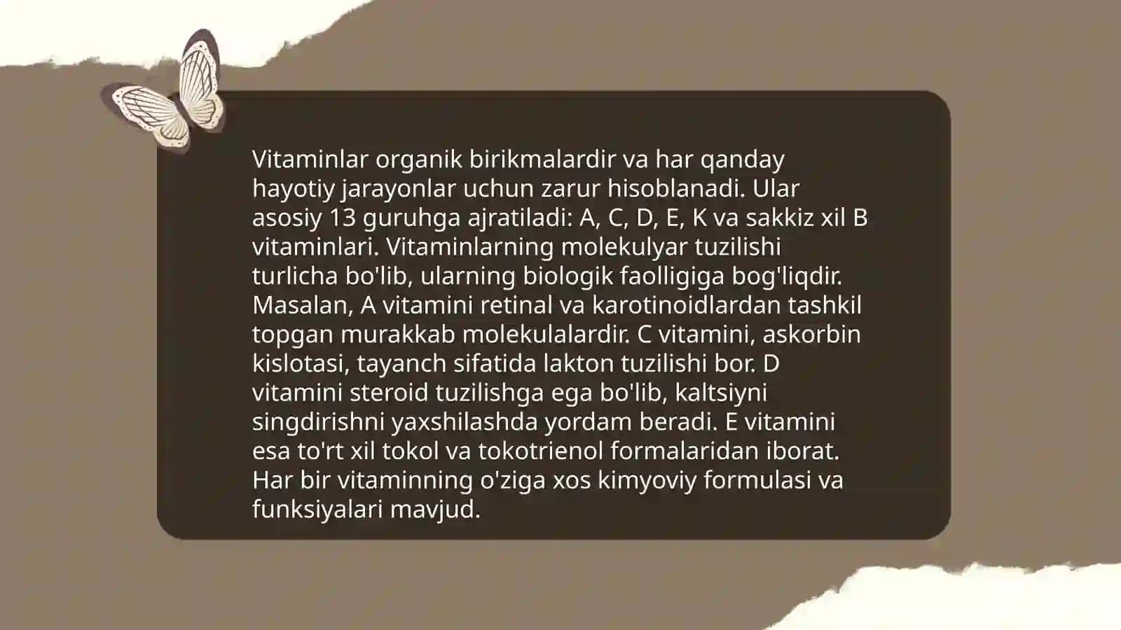Vitaminlarning kimyoviy tasnifi va ularni sinteziga ta'sir qiluvchi omillar 4
