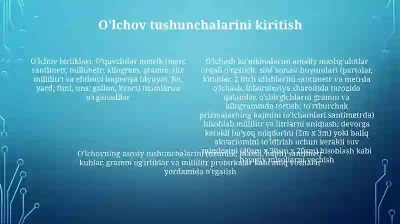Miqdorlarni o'lchash, o'lchov birliklari va ular ustida amallar bajarishga o'rgatish 4