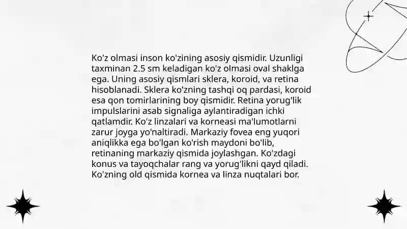 Ko'rish a'zosi. Ko'z olmasining tuzilishi va yoshga qarab o'zgarishi. Ko'zning yordamchi apparati ularning yoshga qarab o'zgarishi ko'ruv o'tkazuv yo'li 2 juft bosh miya nervi 4