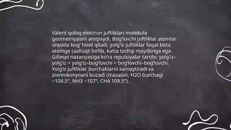 Molekulalarning barqaror geometrik konfiguratsiyasi.Gillespi nazariyasi 4