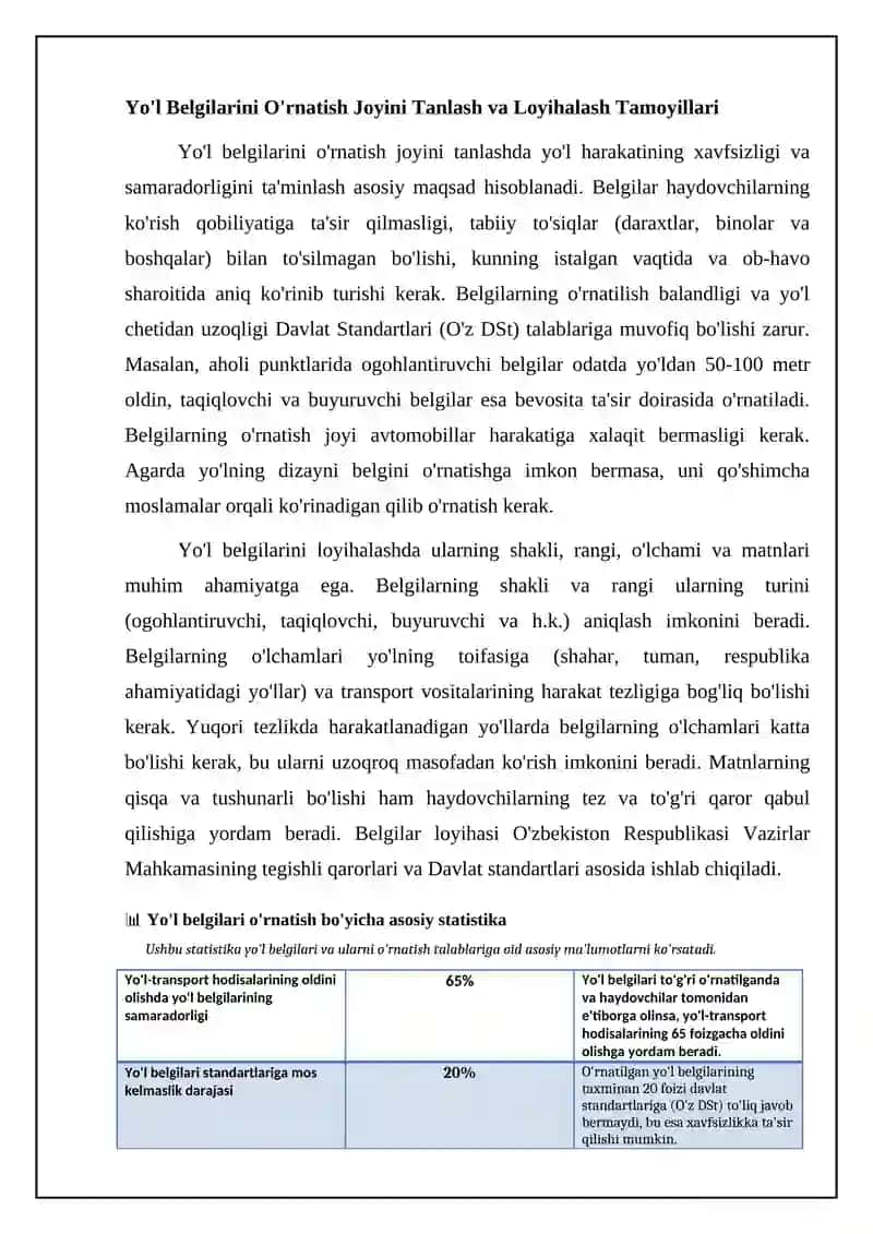 Yo'l belgilari va ularni oʻrnatish qoʻyilgan talablar 4