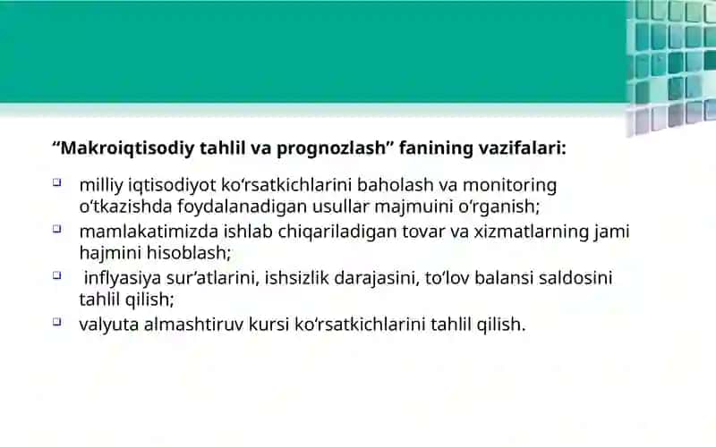 Makroiqtisodiy tahlil va pragnozlashning o'zaro bog'liqligi hamda ularning iqtisodiy fanlar tizimidagi o'rni. 4