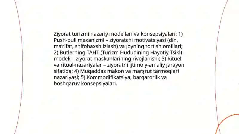 Jahon ziyorat turizmi industriya fanining nazariy asoslari 4