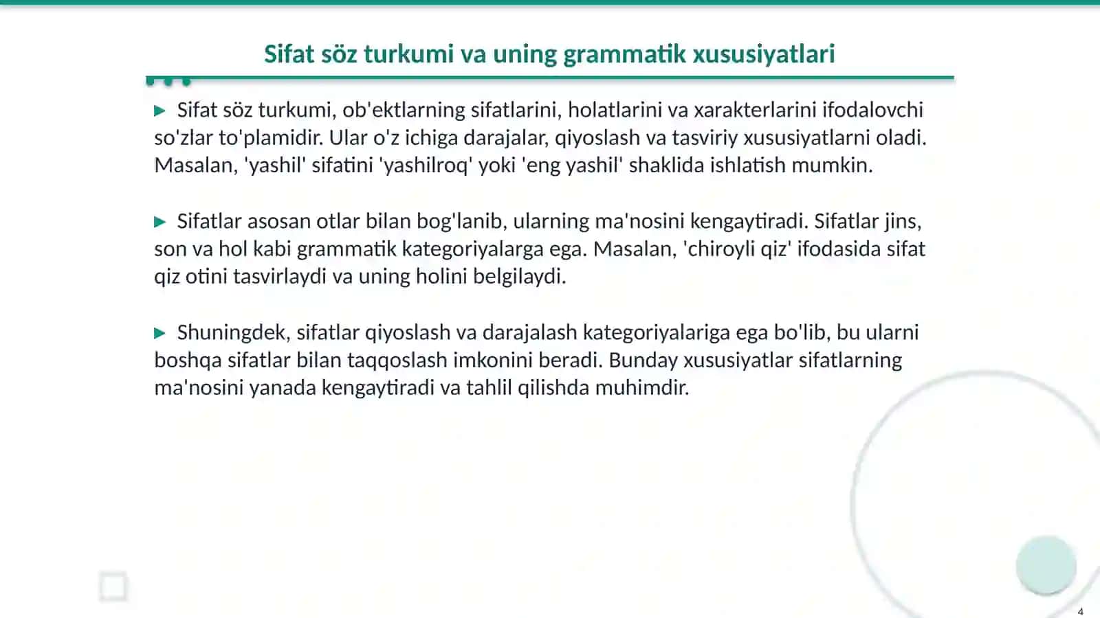 Ot, sifat, fe'l, ravish sõz turkumlariga xos grammatik kategoriyalar 4