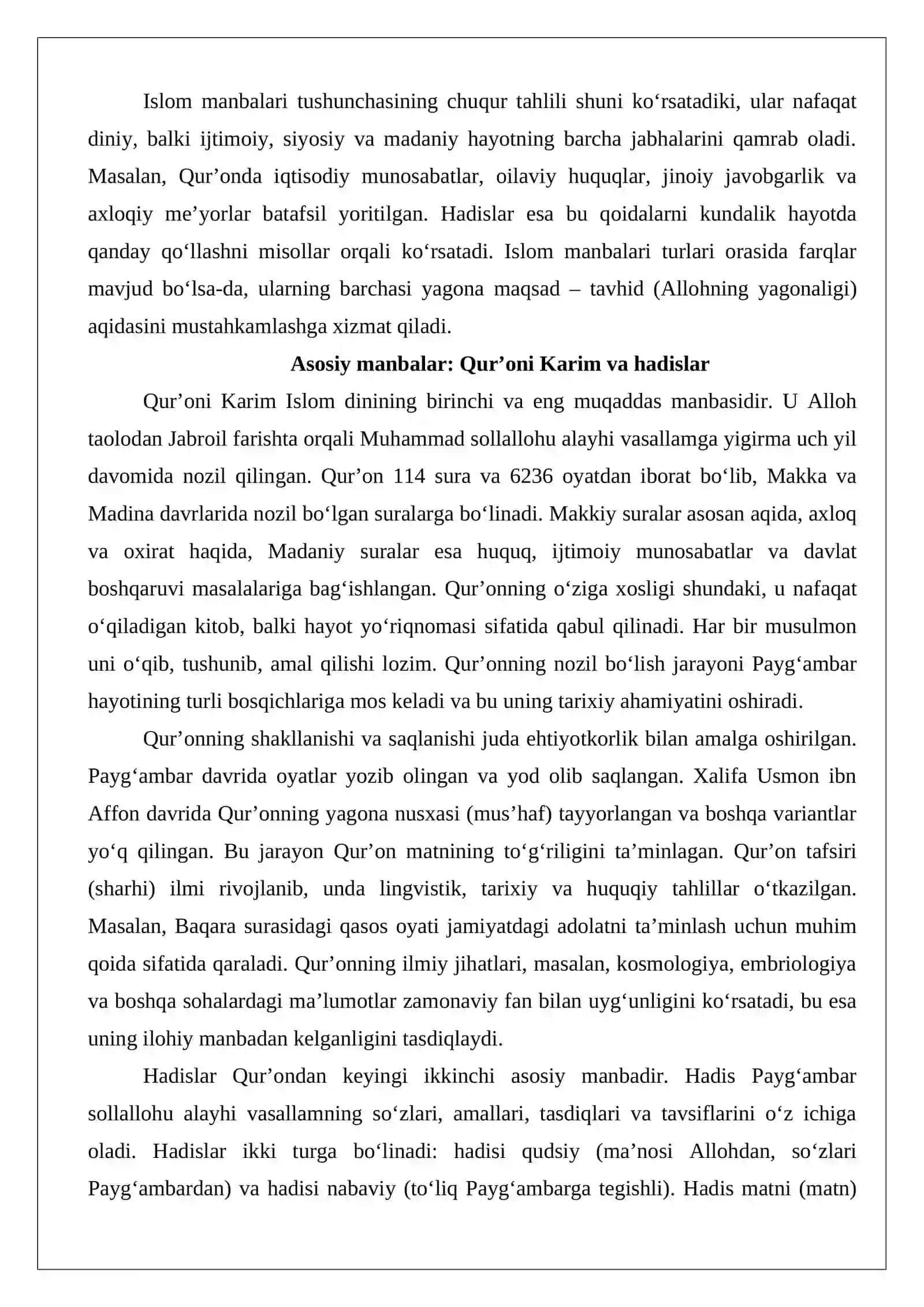 Islom manbalarining turlari va ularning shakllanishi, Qur’on – islom dinining asosiy manbasi, qur’on ta’rifi, tuzilishi, mazmuni, tarjima va tafsirlari 4