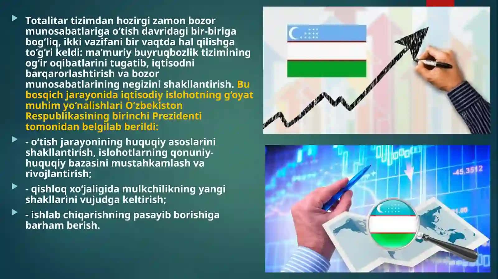 Iqtisodiy islohotlar, xususiy mulkchilikning shakllanishi. O’zbekistonda bozor munosabatlarining rivojlanishi 4