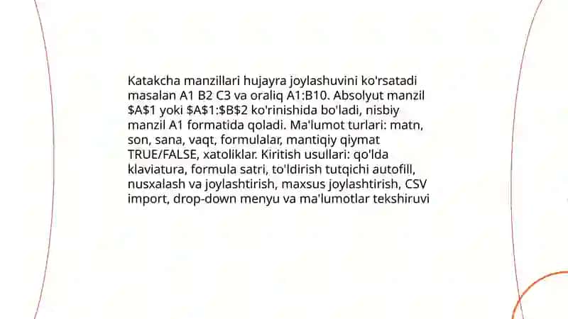 Elektron jadvallar.Formula va funksiyalar bilan ishlash.Excelda asosiy statistik va matematik funksiyalar.Excelda elektron jadvallar yaratish va ularni qayta ishlashda dasturlash elementlaridan foydalanish 4