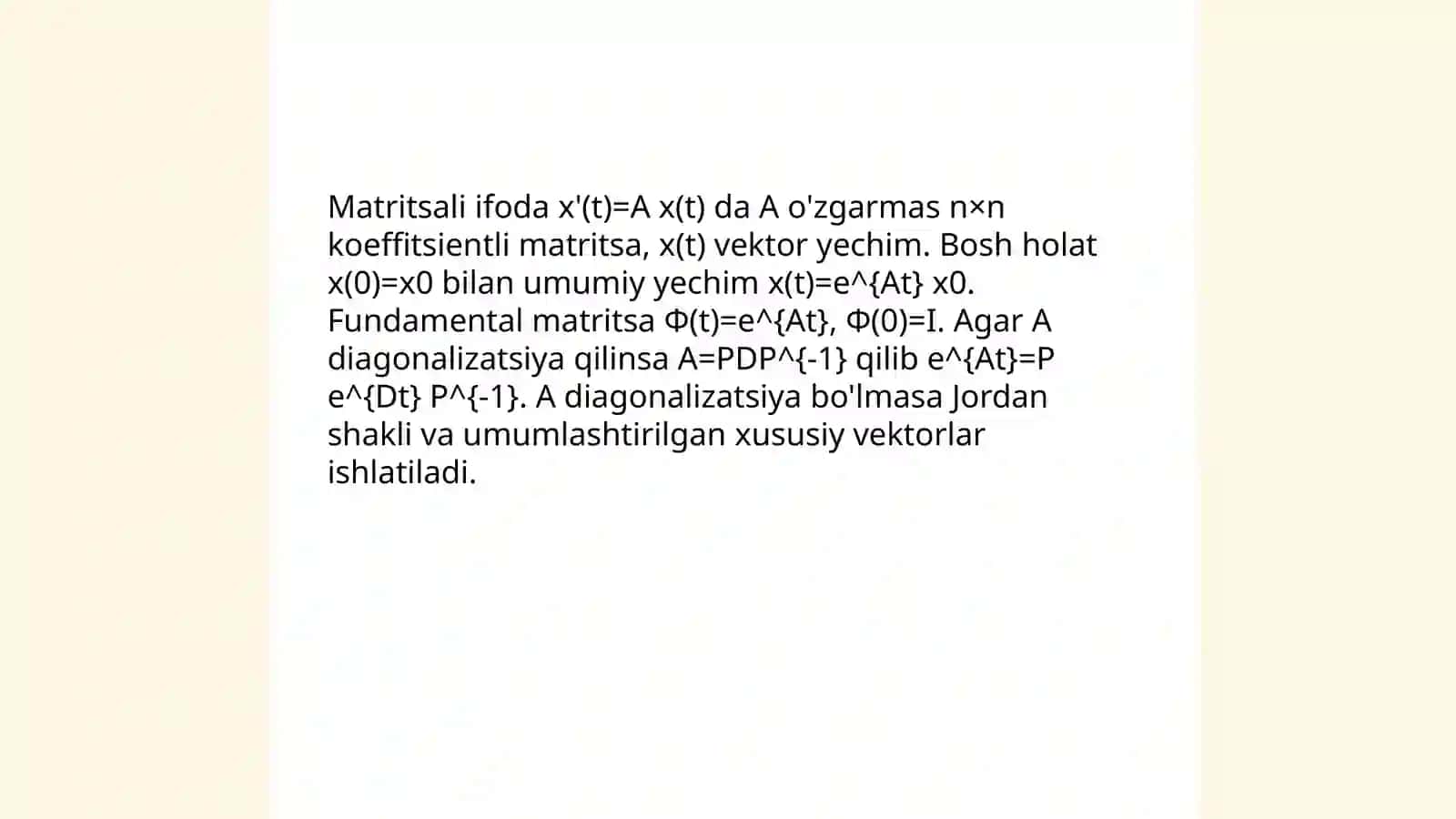 O'zgarmas koeffisentli chiziali bir jinslimas differensial tenglamalar sistemasi 4
