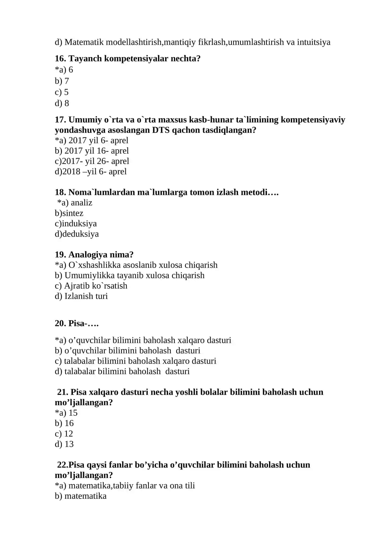 Matematika o’qituvchilari malakasini oshirish kursi tinglovchilarining yakuniy attestatsiyasi sinovi (chiqish testi)ni o’tkazish uchun “Mutaxassislik fanlari” blokiga kiruvchi o’quv modullari bo’yicha tavsiya etiladigan test savollari 4
