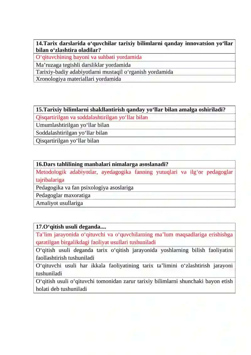 Tarix fani o'qitish metodikasidan test (to'g'ri javob qizil rangda belgilab ketilgan) 4