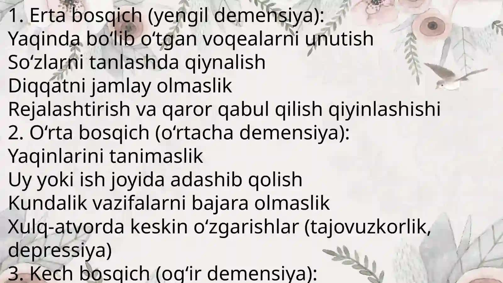 Neyrodegenerativ kasalliklar (Alsgeymer, parkinson kasalliklari, Gentington xoreyasi) etiologiyasi, patogenezi,klinika diagnostikasi,Diffrensial diagnostikasi 4