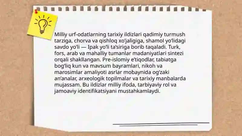 Milliy urf odatlar an-analar va bayramlarning mazmun mohiyati va tarbiyaviy ahamiyati haqida umumiy maʼlumot 4