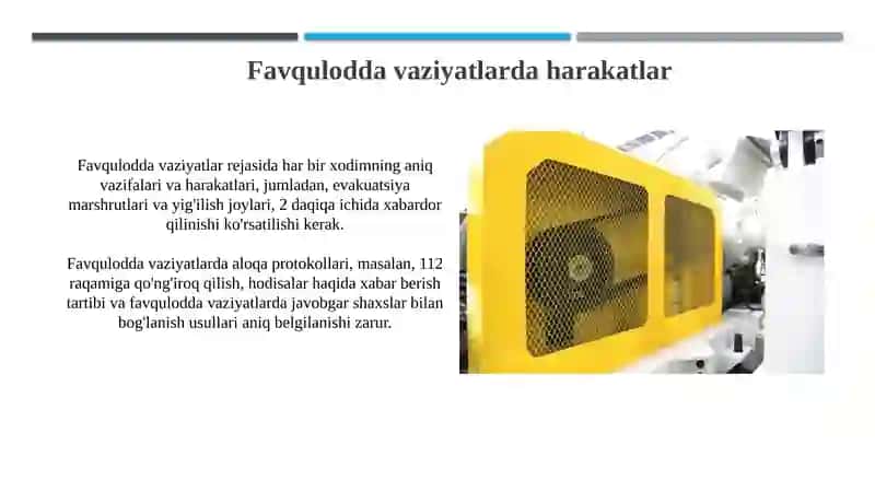 Ishlabchiqarish maydonlarida mehnat xavfsizligi to'g'risida yo'riqnomalar o'rganish 4