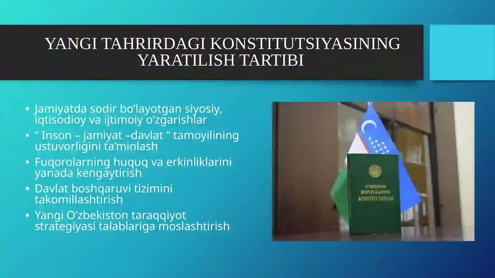 Yangi tahrirdagi O’zbekiston Respublikasi Konstitutsiyasining mazmun-mohiyati va qilinish bosqichlari 4