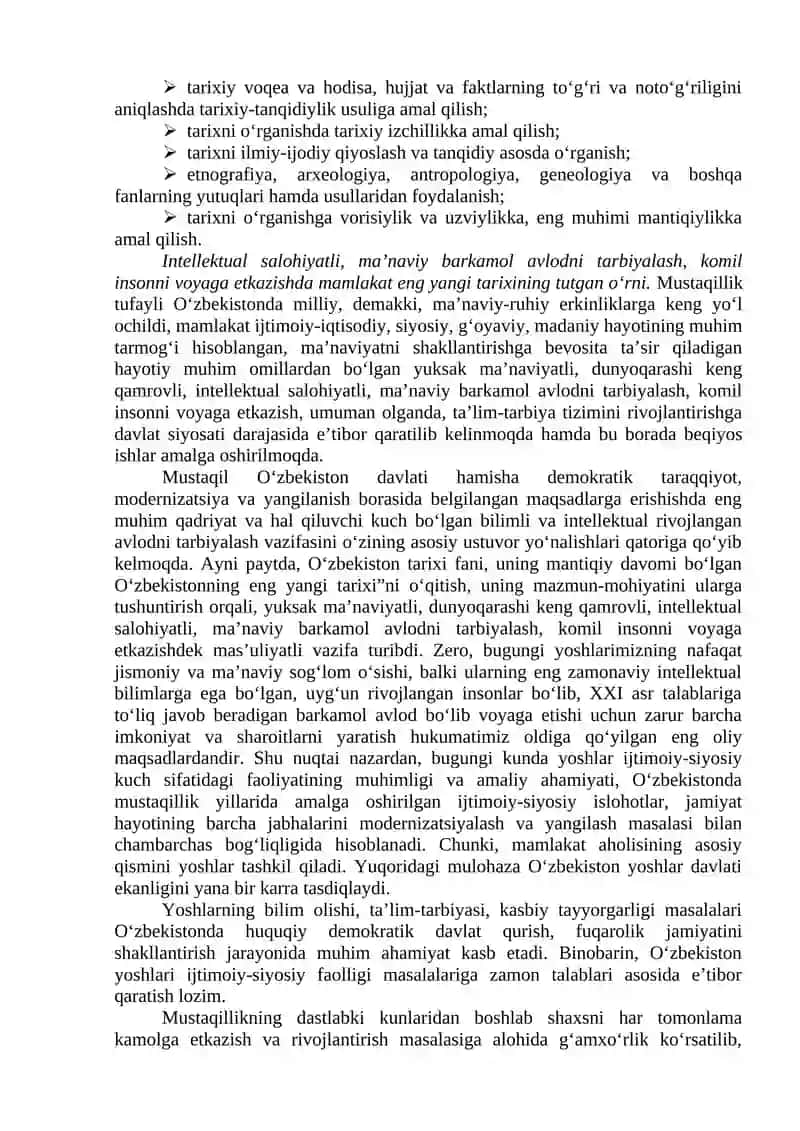 Kirish. “O‘zbekistonning eng yangi tarixi” o‘quv fanining predmeti, maqsadi va vazifalari, nazariy-metodologik tamoyillari. 4