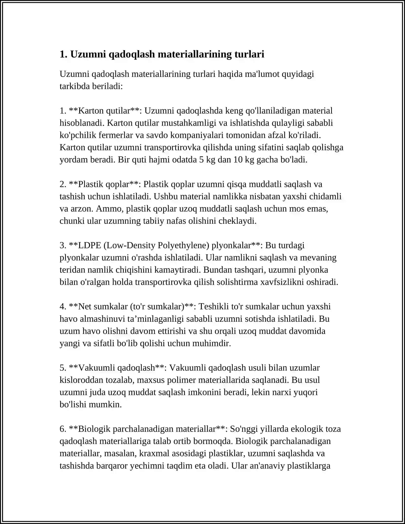 SOVUTGICHLI OMBORDA SIGʻIMIGA MOS HOLDA 38 TONNA UZUMNI JOYLASHTIRISH UCHUN TALAB QILINADIGAN QADOQLASH MATERIALLARI TURI VA MIQDORINI HISOBLASH 4
